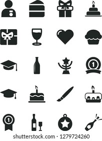 Solid Black Vector Icon Set - tassel vector, birthday cake, heart, square academic hat, piece of, torte, glass, bottle, gift, giftbox, star cup, man with medal, graduate, pennant, ribbon, wine