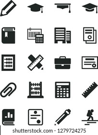 Solid Black Vector Icon Set - clip vector, briefcase, graphite pencil, yardstick, book, new abacus, buildings, writing accessories, calculation, on statistics, scientific publication, graduate hat