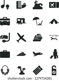 Solid Black Vector Icon Set - suitcase vector, plane, camper, passenger, ticket, hotel, tent, beach, arnchair under umbrella, palm tree, hawaii wreath, diving mask, surfing, golf, cruiser, yacht