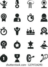 Solid Black Vector Icon Set - pedestal vector, racer, stopwatch, winner, award, cup, star, reward, man with medal, motivation, purpose, first place, pennant, cloud ladder, tennis