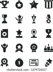 Solid Black Vector Icon Set - star vector, pedestal, medal, patente, winner, prize, award, cup, gold, reward, pennant, first place, ribbon, certificate, flag, three stars