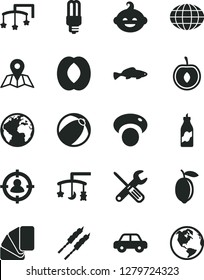 Solid Black Vector Icon Set - sign of the planet vector, toys over cradle, cot, baby bath ball, motor vehicle, funny hairdo, small tools, sample colour, map, barbecue, fish, liquor, half peach