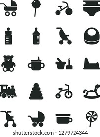 Solid Black Vector Icon Set - mug for feeding vector, bottle, measuring, diaper, baby bib, stroller, carriage, summer, sitting, stacking rings, toy sand set, children's potty, chair, train, tricycle