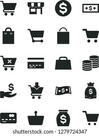 Solid Black Vector Icon Set - paper bag vector, bank card, cart, put in, crossed, kiosk, coins, shopping, basket, front of the, dollar, get a wage, money, dollars, hand