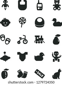 Solid Black Vector Icon Set - bib vector, baby, Child T shirt, rubber duck, duckling, warm socks, toy mobile phone, teddy bear, children's hairdo, train, yule, bicycle, shoes for little children