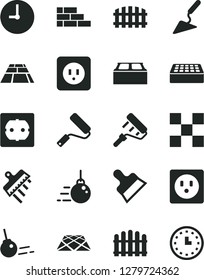 Solid Black Vector Icon Set - brick wall vector, big core, building trowel, new roller, paint, power socket type b, f, tile, block, putty knife, spatula, fence, hedge, paving slab, pavement, clock