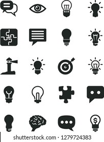 Solid Black Vector Icon Set - image of thought vector, incandescent lamp, Puzzle, Puzzles, bulb, eye, light, coastal lighthouse, think, speech, brain, target, dialog, idea