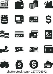 Solid Black Vector Icon Set - bank card vector, purse, cards, coins, front of the, column, denomination dollar, article on, catch a coin, wallet, money, cash machine, cashbox, atm, credit
