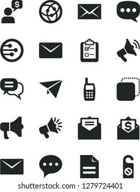 Solid Black Vector Icon Set - envelope vector, scribbled paper, received letter, speech, survey, megaphone, copy, loudspeaker, mobile phone, network, mail, dialog, plane, money, do not distrub