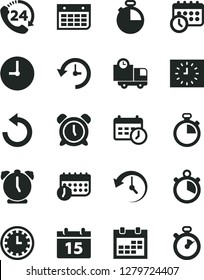 Solid Black Vector Icon Set - calendar vector, stopwatch, clock face, alarm, counterclockwise, wall, timer, delivery, 24, black, schedule, history