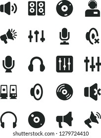 Solid Black Vector Icon Set - desktop microphone vector, loudspeaker, silent mode, headphones, CD, regulator, volume, no sound, operator, megaphone, pc speaker, settings