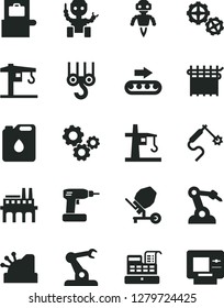 Solid Black Vector Icon Set - crane vector, winch hook, gears, concrete mixer, cordless drill, industrial enterprise, production conveyor, canister of oil, cloth industry, tower, gas welding, atm