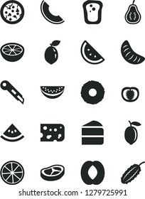 Solid Black Vector Icon Set - stationery knife vector, piece of cheese, pizza, cake, bacon, orange slice, sandwich, melon, half peach, water, tangerine, lemon, sour lime, pineapple, grapefruit
