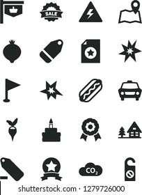 Solid Black Vector Icon Set - danger of electricity vector, remove label, pennant, car, Hot Dog, birthday cake, medlar, radish, CO2, vintage sign, sale, medal, bang, star ribbon, certificate, map