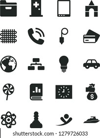 Solid Black Vector Icon Set - sign of the planet vector, motor vehicle, box bricks, bulb, plummet, flowchart, folder, lollipop, weaving, book on statistics, black clock, phone call, tablet pc, atom