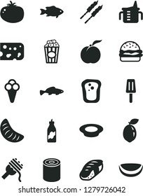 Solid Black Vector Icon Set - measuring cup for feeding vector, piece of cheese, tin, burger, spaghetti, a plate milk, barbecue, tomato, sushi, popcorn, small fish, popsicle, cone, sandwich, liquor