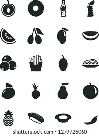 Solid Black Vector Icon Set - onion vector, a plate of milk, beet, French fries, japanese sushi, bottle soda, cornels, blueberries, mulberry, slice water melon, mango, tangerine, half cherry
