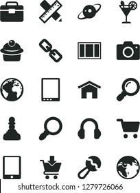 Solid Black Vector Icon Set - sign of the planet vector, camera, spectacles, beanbag, window frame, portfolio, writing accessories, home, put in cart, muffin, cocktail, shopping, tablet pc, saturn