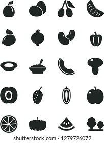 Solid Black Vector Icon Set - eggs vector, mushroom, a bowl of buckwheat porridge, plate milk, apple, half apricot, cornels, medlar, tasty mulberry, slice melon, tangerine, sweet date fruit, guava
