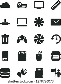 Solid Black Vector Icon Set - loudspeaker vector, notebook pc, fan, mouse, memory, monitor, scanner, usb flash, connect, trash bin, projector, joystick, sd card, big data, mail, history, cloud