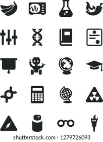 Solid Black Vector Icon Set - powder vector, chili, bananas, flask, electricity, glasses, nuclear, dna, settings, book, globe, oscilloscope, graduate hat, calculator, robot, presentation board