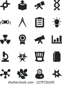Solid Black Vector Icon Set - cradle vector, unpacking, jar, microscope, telescope, molecule, nuclear, dna, bulb, biohazard, scientist, clipboard, drawing compass, growth graph, medal, biology, bang