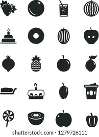 Solid Black Vector Icon Set - birthday cake vector, slice, torte, lollipop, coffe to go, a glass of soda, orange, apple, branch grape, quince, tasty, medlar, mulberry, melon, water, plum, kiwi