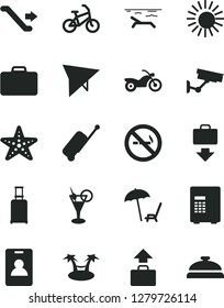 Solid Black Vector Icon Set - hang glider vector, bike, motorcycle, escalator, identity card, suitcase, rolling, case, baggage, getting, beach, arnchair under umbrella, sun, cocktail, starfish, safe