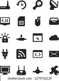 Solid Black Vector Icon Set - Monitor Window Vector, Rss Feed, Drawer, Electric Plug, Satellite Dish, SIM Card, Magnifying Glass, Mouse, Router, Browser, Connect, Coding, Mail, History, Cloud