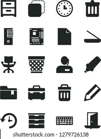 Solid Black Vector Icon Set - wicker pot vector, clean sheet of paper, folder bookmark, storage unit, suitcase, dust bin, nightstand, copy, pencil, text highlighter, dispatcher, wall watch, keyboard