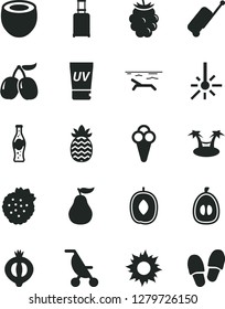 Solid Black Vector Icon Set - summer stroller vector, bottle of soda, cone, strawberries, half medlar, blackberry, tasty cornels, delicious plum, loquat, coconut, pineapple, ripe guava, case, beach