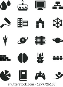 Solid Black Vector Icon Set - monitor window vector, box of bricks, brick wall, new roller, city block, flowchart, planet, bundle eggs, torte, mint, weaving, drop, pie charts, joystick, brain, book