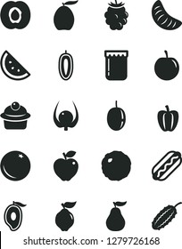 Solid Black Vector Icon Set - Hot Dog vector, muffin, cabbage, jam, orange slice, half apricot, quince, red apple, blackberry, of mango, loquat, tangerine, tasty plum, passion fruit, sweet date