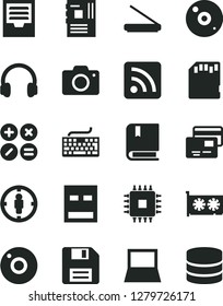 Solid Black Vector Icon Set - camera vector, floppy disk, keyboard, rss feed, archive, e, cards, math actions, goal woman, notebook pc, motherboard, cpu, gpu card, usb, cd, scanner, headphones, sd