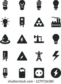 Solid Black Vector Icon Set - lightning vector, danger of electricity, matte light bulb, saving, boiler, electronic, charge level, oil derrick, power line, socket, industrial building, drop, energy