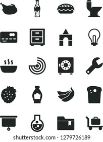 Solid Black Vector Icon Set - repair key vector, incandescent lamp, bedside table, folder bookmark, box of bricks, comfortable toilet, strongbox, Easter cake, apple pie, hot porridge, chicken, flask