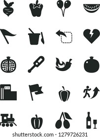 Solid Black Vector Icon Set - wind direction indicator vector, electronic thermometer e, children's sand set, baby toy train, colored air balloons, broken heart, flag, move left, chili, peper, half