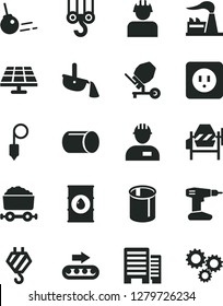 Solid Black Vector Icon Set - workman vector, hook, winch, concrete mixer, drill, power socket type b, buildings, plummet, core, solar panel, factory, oil, production conveyor, builder, pipe, pipes