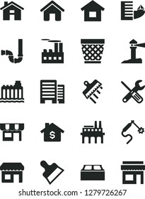 Solid Black Vector Icon Set - house vector, wicker pot, dwelling, small tools, siphon, buildings, building block, putty knife, spatula, kiosk, hydroelectricity, industrial, enterprise, gas welding