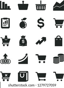 Solid Black Vector Icon Set - grocery basket vector, growth up, line chart, positive histogram, cart, put in, crossed, bag with handles, coins, blueberry, shopping, statistical report, dollars