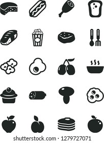 Solid Black Vector Icon Set - iron fork spoons vector, sausage, cheese, Hot Dog, mushroom, muffin, porridge, chicken thigh, piece of meat, sushi, popcorn, cup, fried egg, omelette, apple, pancakes