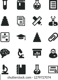 Solid Black Vector Icon Set - clip vector, book, new abacus, stacking rings, toy, writing accessories, notebook, round flask, scientific publication, presentation, test tube, microscope, brain