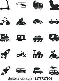 Solid Black Vector Icon Set - Baby chair vector, motor vehicle, toy train, tricycle, child Kick scooter, delivery, eco car, environmentally friendly transport, retro, space rocket, Express, baggage