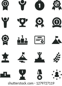 Solid Black Vector Icon Set - pedestal vector, medal, winner, laurel branch, podium, prize, award, star reward, man hands up, motivation, mountain flag, first place, with pennant, ribbon