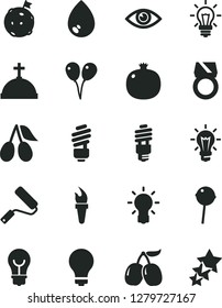 Solid Black Vector Icon Set - matte light bulb vector, colored air balloons, new roller, saving, eye, drop, Chupa Chups, pomegranate, cornels, tasty, energy, flame torch, flag on moon, gold ring