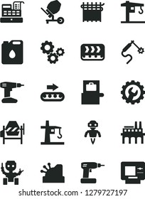 Solid Black Vector Icon Set - crane vector, concrete mixer, cordless drill, gear, industrial enterprise, conveyor, production, canister of oil, cloth industry, tower, gas welding, gears, cashbox