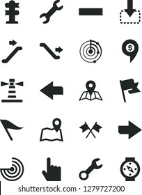 Solid Black Vector Icon Set - right direction vector, left, wind indicator, minus, index finger, map, flag, move down, lighthouse, repair, radar, cross flags, dollar pin, escalator, signpost