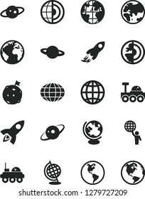 Solid Black Vector Icon Set - sign of the planet vector, earth, space rocket, globe, core, saturn, lunar rover, man hold world, flag on moon
