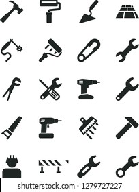 Solid Black Vector Icon Set - paint roller vector, safety pin, building trowel, small tools, adjustable wrench, cordless drill, hand saw, spatula, paving slab, road fence, hammer, with claw, builder