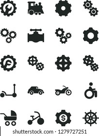 Solid Black Vector Icon Set - truck lorry vector, baby carriage, children's train, tricycle, Kick scooter, gears, cogwheel, gear, star, valve, retro car, three, dollar, motorcycle, disabled